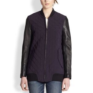 RAG & BONE Womens Purple Silk Quilted Bomber Jacket EUC Black Leather Sleeves XS